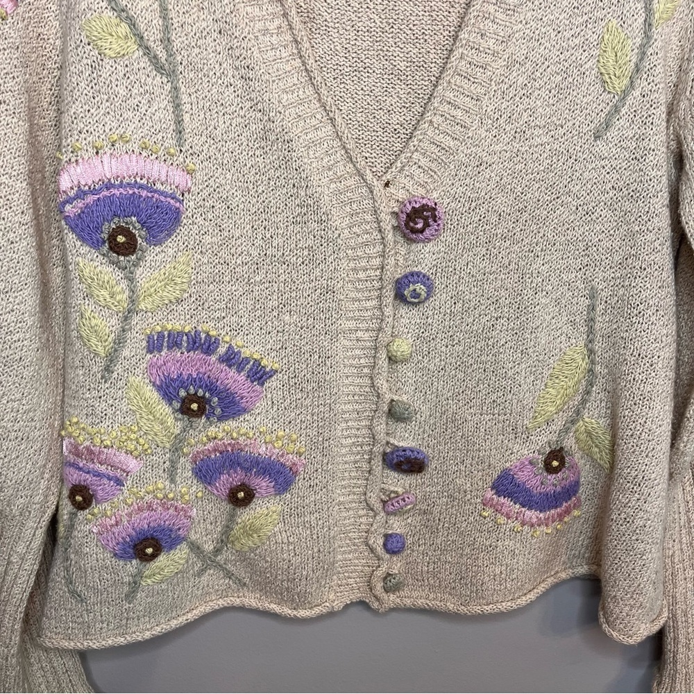 Vintage Beige Embroidered Floral Cardigan - Picture 3 of 7
